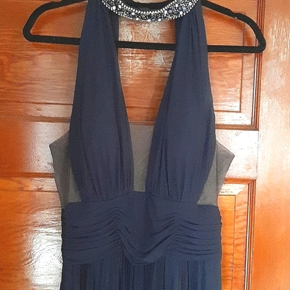 Faviana Dresses & Skirts - Faviana High-neck Halter Rhinestone Navy Evening Gown